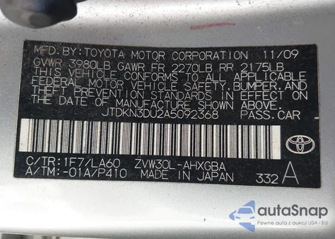 2010 Toyota Prius Iv from USA, damaged, VIN JTDKN3DU2A5092368